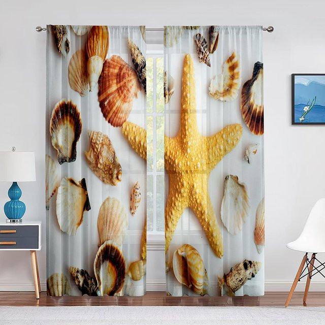 Transparent Voile Vorhang Super Six mit Seestern und Muschel-Motiv in Bunt, Breite: 100 cm, Höhe: 250 cm - Bild 1