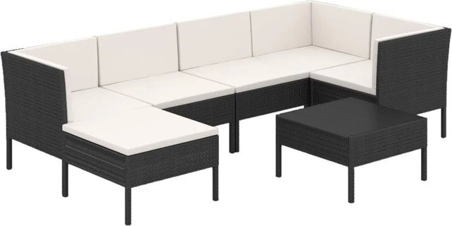 vidaXL 7-tlg Garten-Lounge-Set in U-Form aus Poly Rattan und pulverbeschichtetem Stahl, Schwarz, inklusive Auflagen und Kissen - Bild 1
