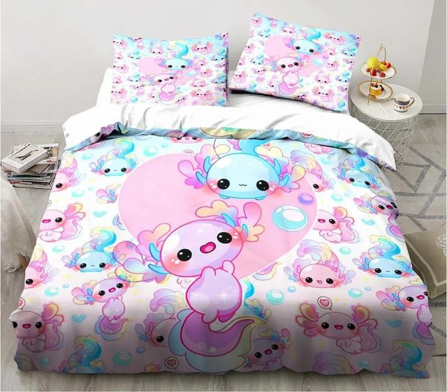 Personalisierbares 3-teiliges Bettwäscheset mit Kawaii Axolotl Motiv für Kinder von Binchi Outdoor Product, Farbe Mehrfarbig, B/H: 150 x 200 cm - Bild 1