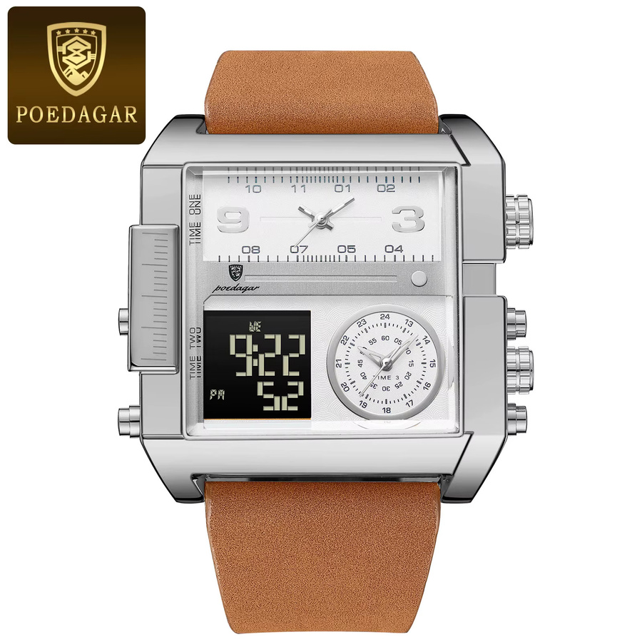POEDAGAR Digitaluhr, Quarz, Edelstahl, Leder, Gold, Herren - Bild 7