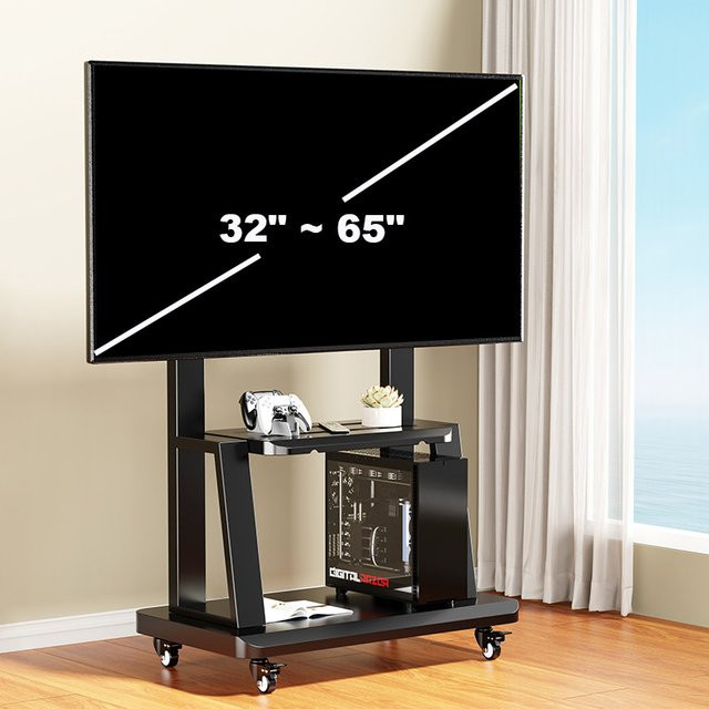 BEISHI Höhenverstellbarer mobiler TV-Ständer in Schwarz, rollender TV-Wagen für 32-65-Zoll-Fernseher mit Stahlablage und Lochplattform - Bild 1