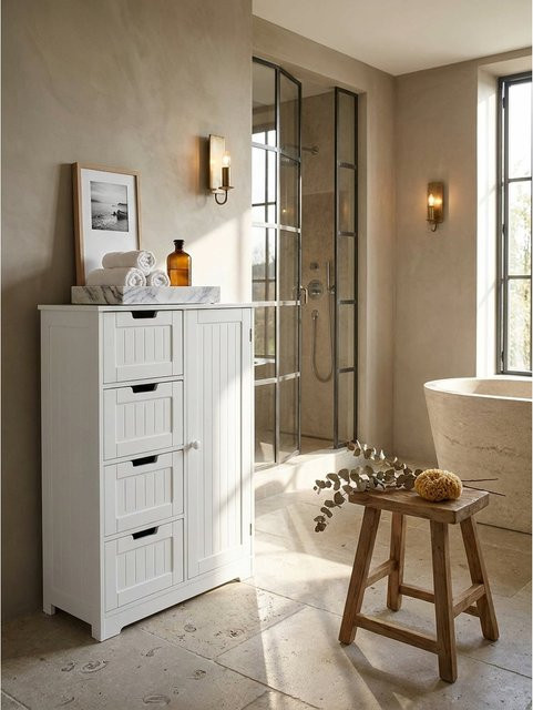 Badschrank PATTI im Landhausstil aus MDF in Weiß mit 4 Schubladen und 1 Tür, B/T/H: 56 x 30 x 83 cm - Bild 1