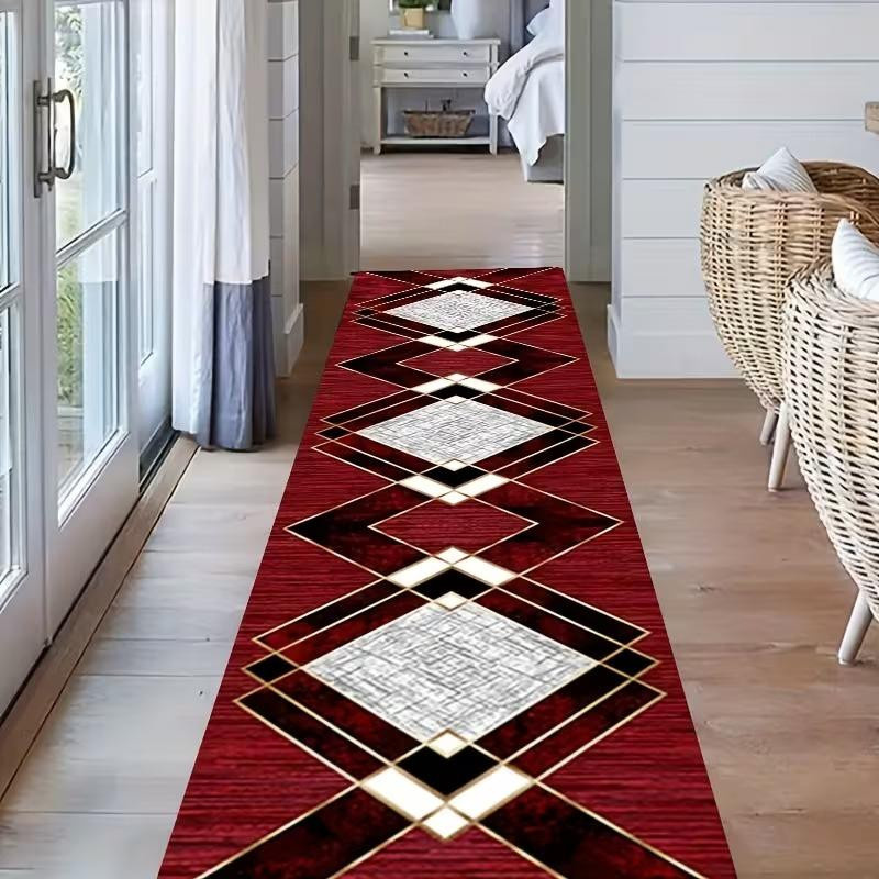 Moderner Läufer Lodestar mit geometrischem Rautenmuster in Rot, Schwarz und Weiß sowie goldener Bordüre, B/T: 40 x 120 cm - Bild 2