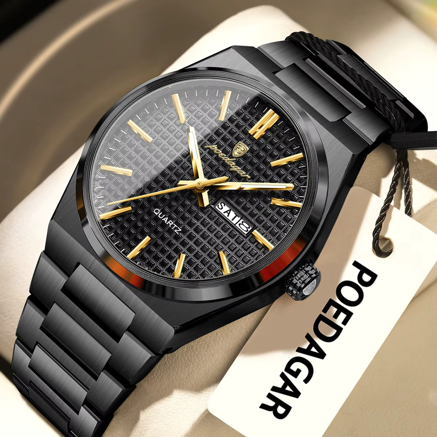 POEDAGAR Armbanduhr Edelstahl, Quarz, Silber, Herren, Datum, Wochentag - Bild 2