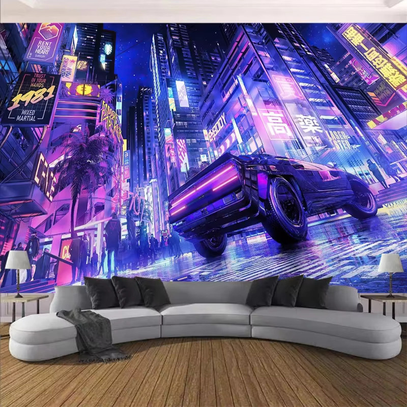 VIKAMA Cyberpunk Galaxy City Wandteppich mit Neon Skyline als moderner Wandbehang für dein Schlafzimmer oder Wohnzimmer in Multicolour - Bild 1