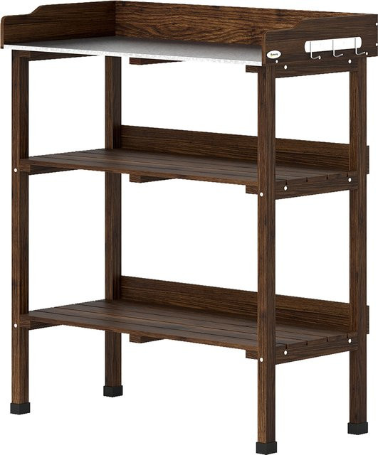 Aosom Outsunny Pflanztisch aus Holz mit 3 Ebenen und Metallplatte in Braun, B/T/H: 76 x 37 x 89 cm - Bild 1