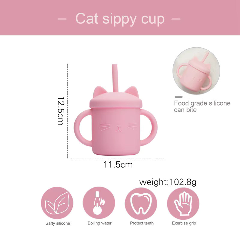 Auslaufsichere Baby Silikon Trinklernbecher mit Strohhalm und Doppelgriff im Katzen-Design, BPA-frei, Pink - Bild 3