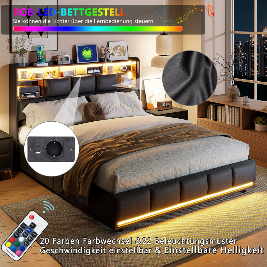 Rosahqnda Doppelbett für Erwachsene mit LED-Beleuchtung und Ablagefächern, gepolstert, Farbe: Schwarz, B/T/H: 160 x 200 cm - Bild 6