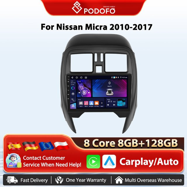 Podofo Android Auto und CarPlay Multimedia Radio für Nissan Micra K13 (März 2013-2017) mit GPS, 4G und WIFI in Schwarz - Bild 1