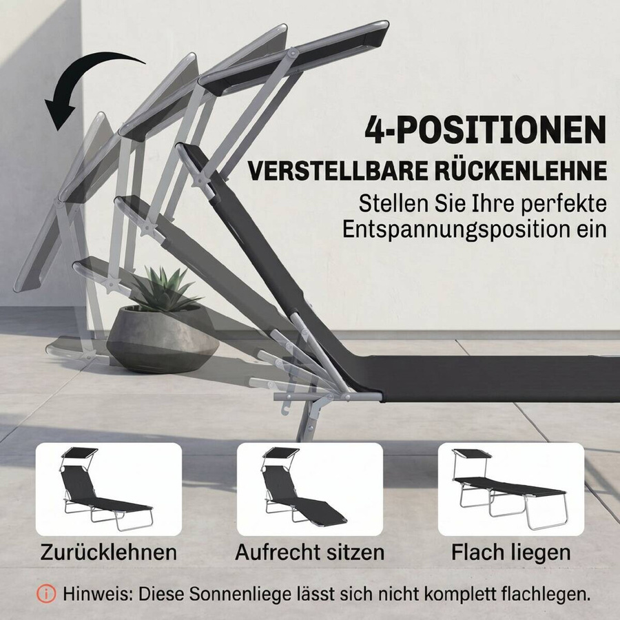 Outsunny Gartenliege aus Metall und Textilene in Schwarz mit Sonnenverdeck und verstellbarer Kopfstütze, B/T/H: 187 x 58 x 36 cm - Bild 2
