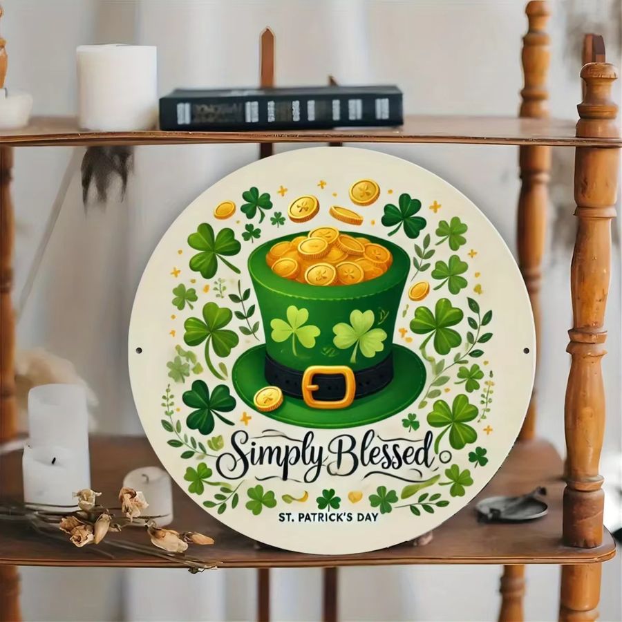 Simply Blessed Garden Art Wanddekoration aus Metall für St. Patrick's Day, rundes Eisen-Schild mit Koboldhut und Kleeblatt, Grün, Durchmesser: 20,32 cm - Bild 2