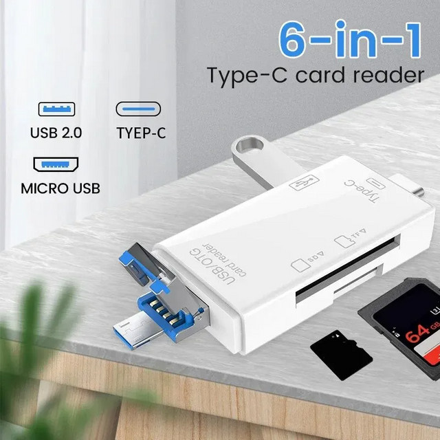 6-in-1 Multifunktions-Kartenleser mit USB 3.0 und USB-C OTG-Konverter für TF und SD Karten in Schwarz - Bild 1