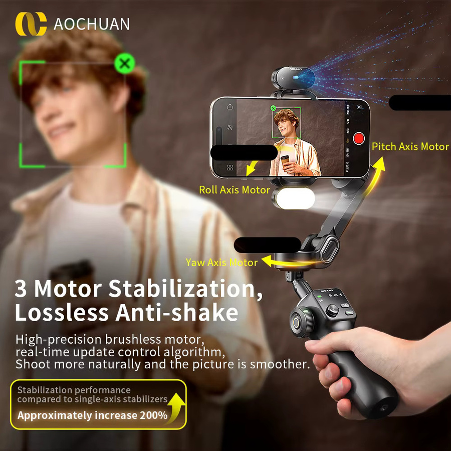 AOCHUAN Smart V8 3-Achsen-Hand-Gimbal-Stabilisator mit Verlängerungsstange und Stativ in Schwarz für iPhone und Android mit Gesichtsverfolgung für Livestreaming und Vlog - Bild 3