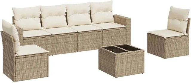 vidaXL 7-teilige Garten-Sofagarnitur in L-Form aus Poly-Rattan in Beige-Creme mit Kissen und Tisch - Bild 1