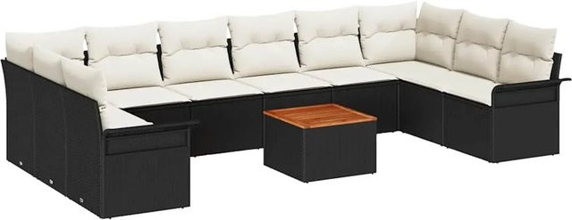 vidaXL 11-teiliges Garten-Sofa-Set aus Poly Rattan und Akazie in Schwarz-Creme mit Kissen und Stauraum - Bild 1