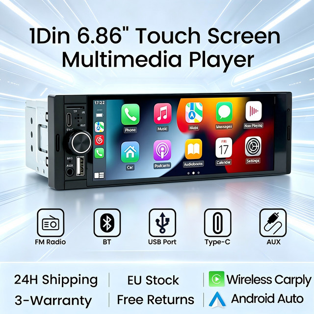 MEKEDE 1Din Multimedia Autoradio mit 6,86 Zoll Display, kabelloses CarPlay und Android Auto, Bluetooth, GPS Navigation, USB Typ-C und FM Stereo in Schwarz - Bild 1
