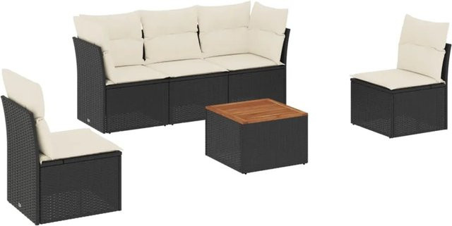 vidaXL 6-tlg Garten-Sofagarnitur aus Polyrattan in Schwarz mit Kissen und Couchtisch im L-Shape Design - Bild 1