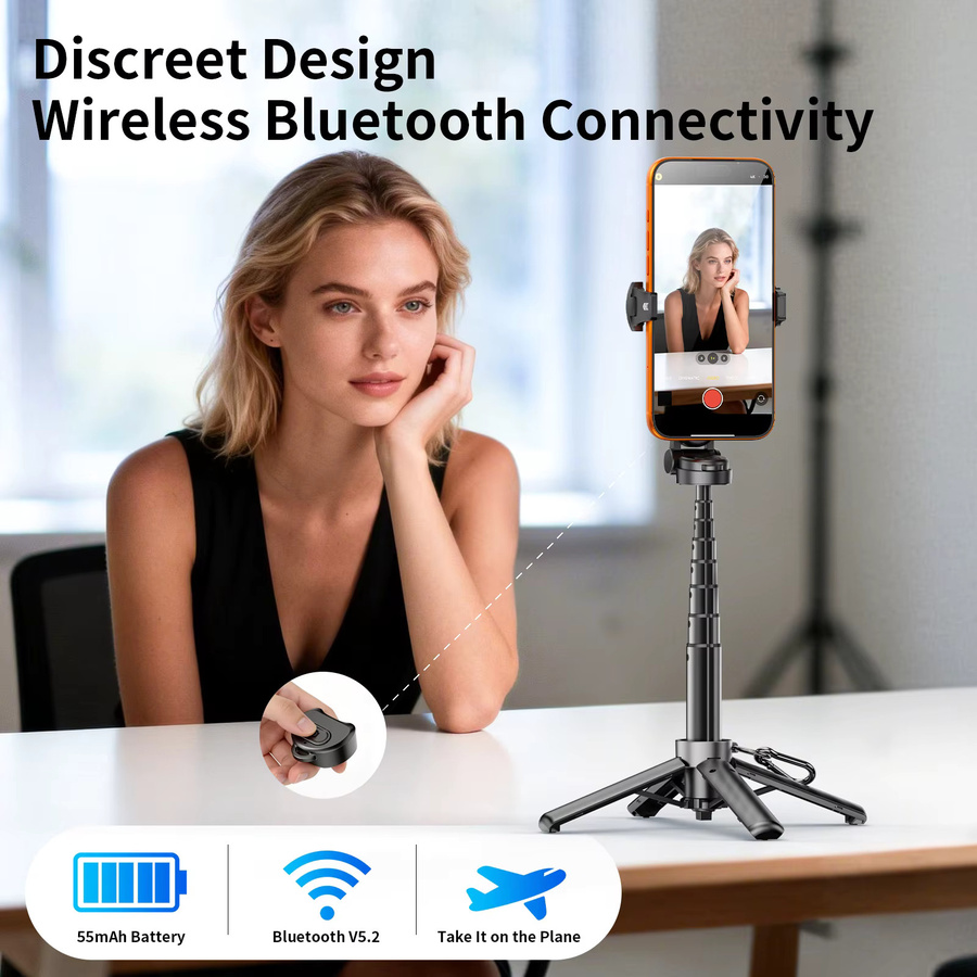 CrownQu Tragbarer magnetischer Selfie-Stick in Schwarz mit Bluetooth-Fernbedienung und multifunktionalem Telefonhalter für iPhone und Android - Bild 3
