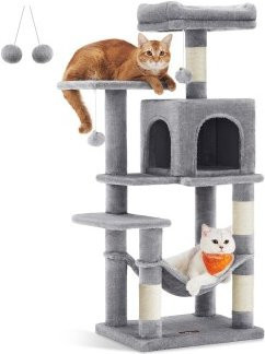 FEANDREA Kratzbaum für Katzen in Hellgrau mit Hängematte, Höhle und integriertem Spielzeug, Höhe: 112 cm - Bild 1