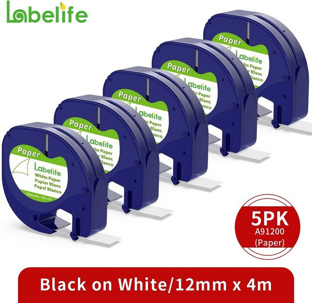 5er Pack Dymo LetraTag Plus Labelband Nachfüllung Weiß 12mm kompatibel mit LT-100T LT-100H 200B QX50 - Bild 1