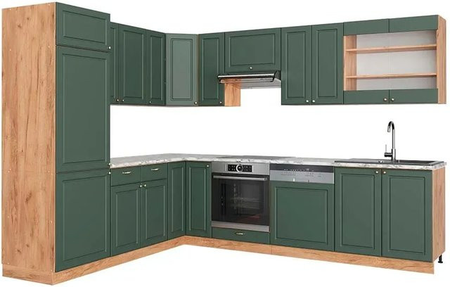 Vicco Fame-Line Eckküche Landhausstil in Grün-Gold mit Eiche-Optik und Marmor-Design, B/T/H: 227 x 287 x 82 cm - Bild 1
