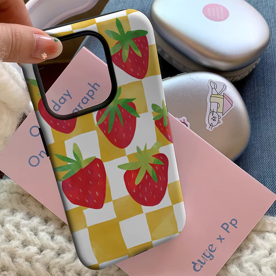 Handyhülle Erdbeeren Yellow Checker für Apple iPhone 17 16 15 14 13 12 11 Pro Max Plus mit doppelschichtiger Rückseite in Gelb - Bild 4