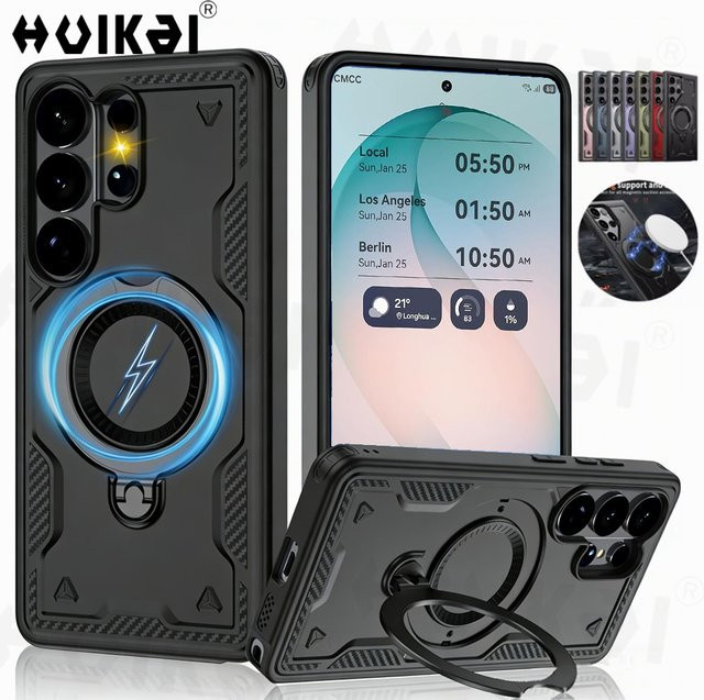 Magnetische MagSafe Handyhülle für Samsung Galaxy S26 Ultra, S26 Plus und S26 mit drehbarem Ständer und Kickstand in Schwarz - Bild 1