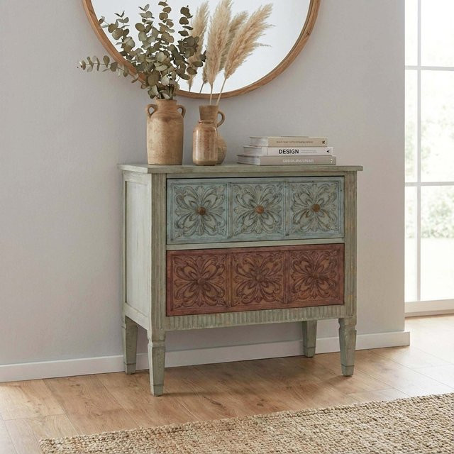 MCW Kommode Almada Sideboard im Shabby-Look mit Blumenornament, Grau, B/H/T: 80 x 79 x 40 cm - Bild 1