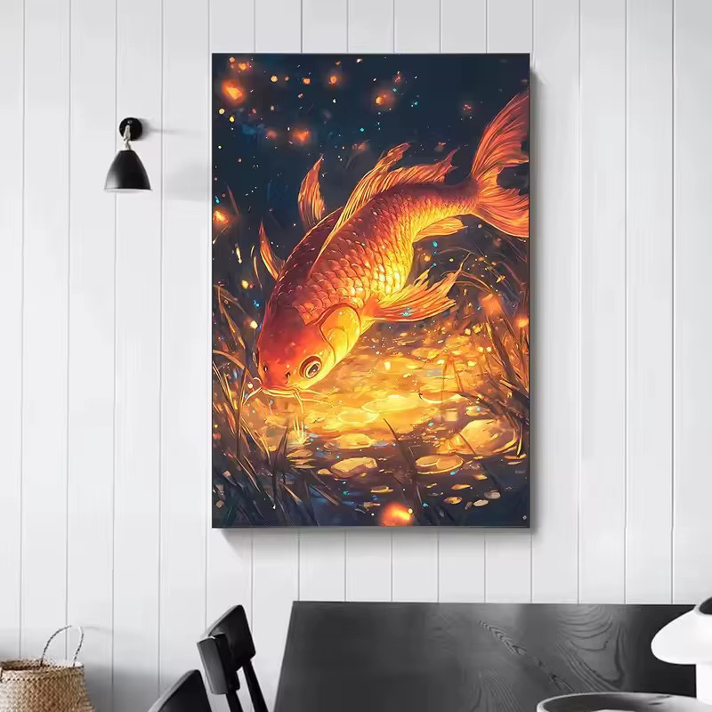 Potdemiel Klassisches Leinwandgemälde mit goldenen Koi-Fischen als surreales Wandbild zur Wohnzimmerdekoration - Bild 3