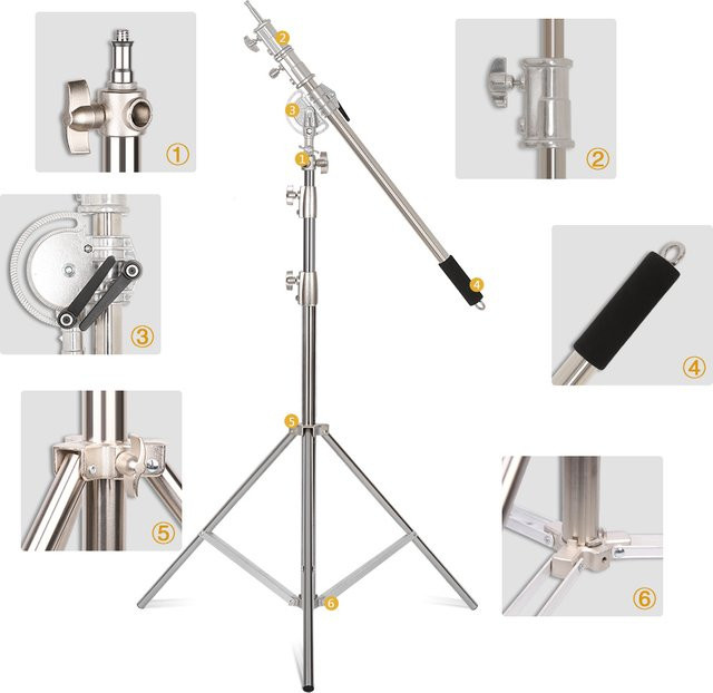 Faltbares C-Stativ aus Edelstahl für Fotostudio und Softbox, SH Stativ in Schwarz oder Silber, Höhe: 2 m bis 3,2 m - Bild 1