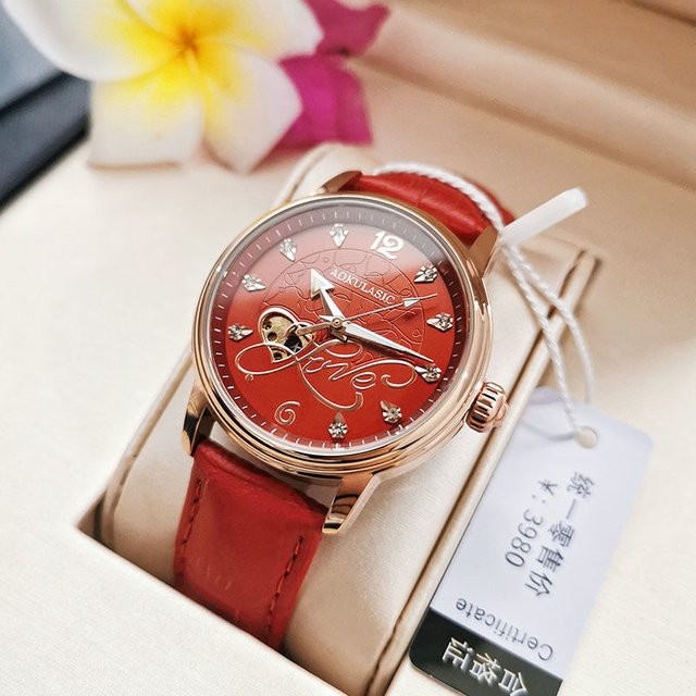 AOKULASIC Armbanduhr Automatik, Leder, Roségold, Schwarz, Damen - Bild 1