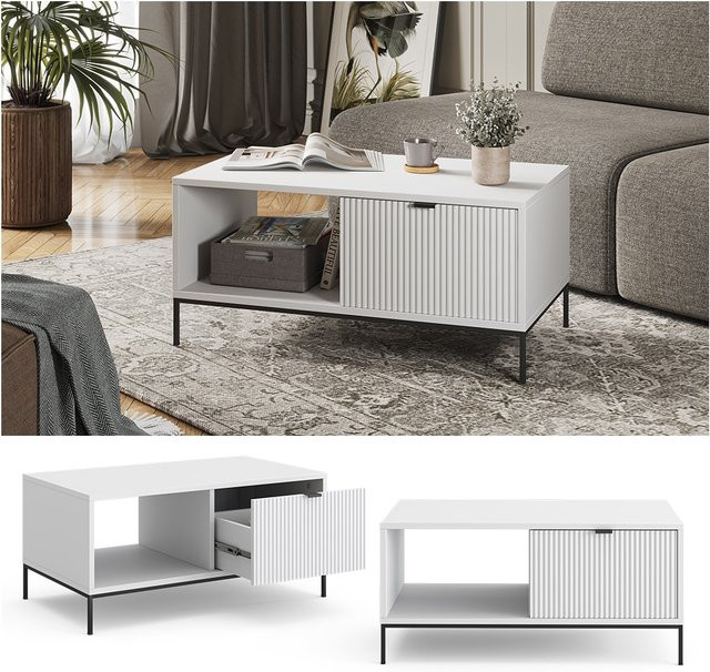 Vicco Couchtisch Eliza Weiß mit einer Schublade, Breite: 90 cm, Tiefe: 45 cm, Höhe: 113,9 cm - Bild 1