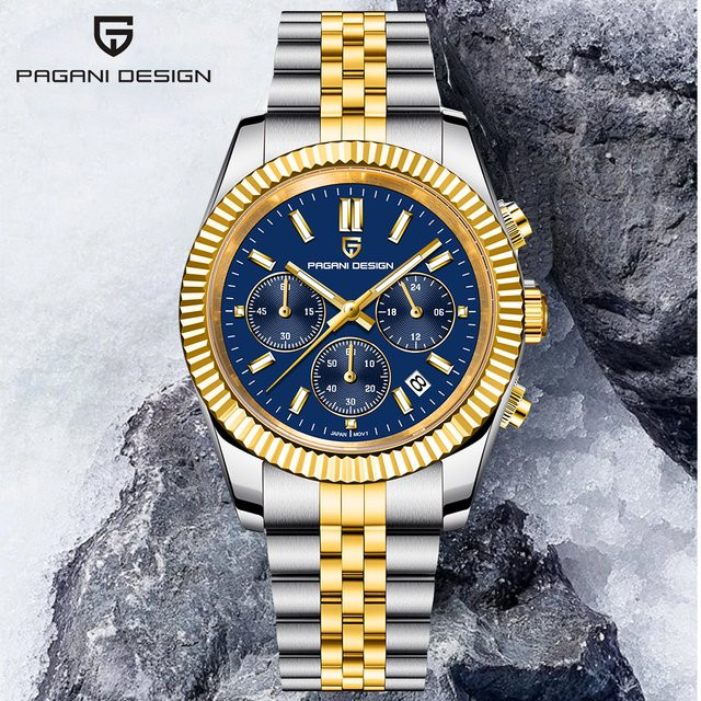 PAGANI DESIGN Armbanduhr, Quarz, Edelstahl, 40 mm, Herren, Blau, Gold - Bild 1