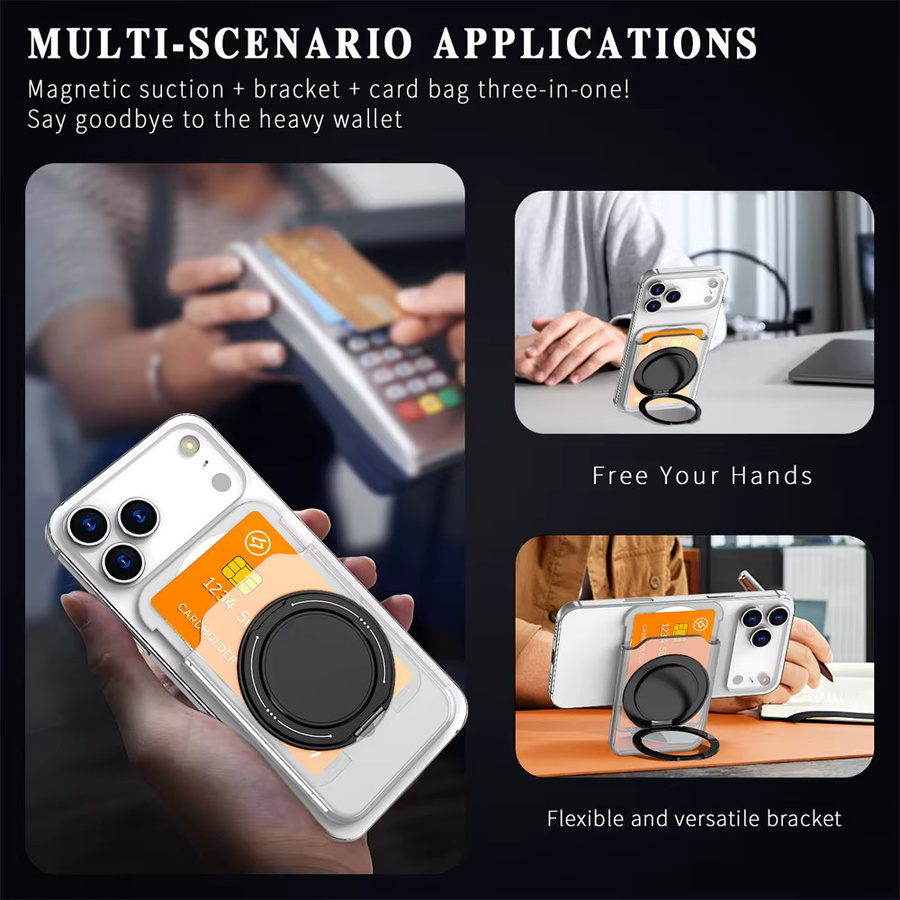 Vyimc Magnetischer Kartenhalter mit Ständer für MagSafe Wallets, kompatibel mit iPhone 17, 16, 15, 14 Pro Max und Samsung S26, S25, S24, Schwarz und Transparent - Bild 6