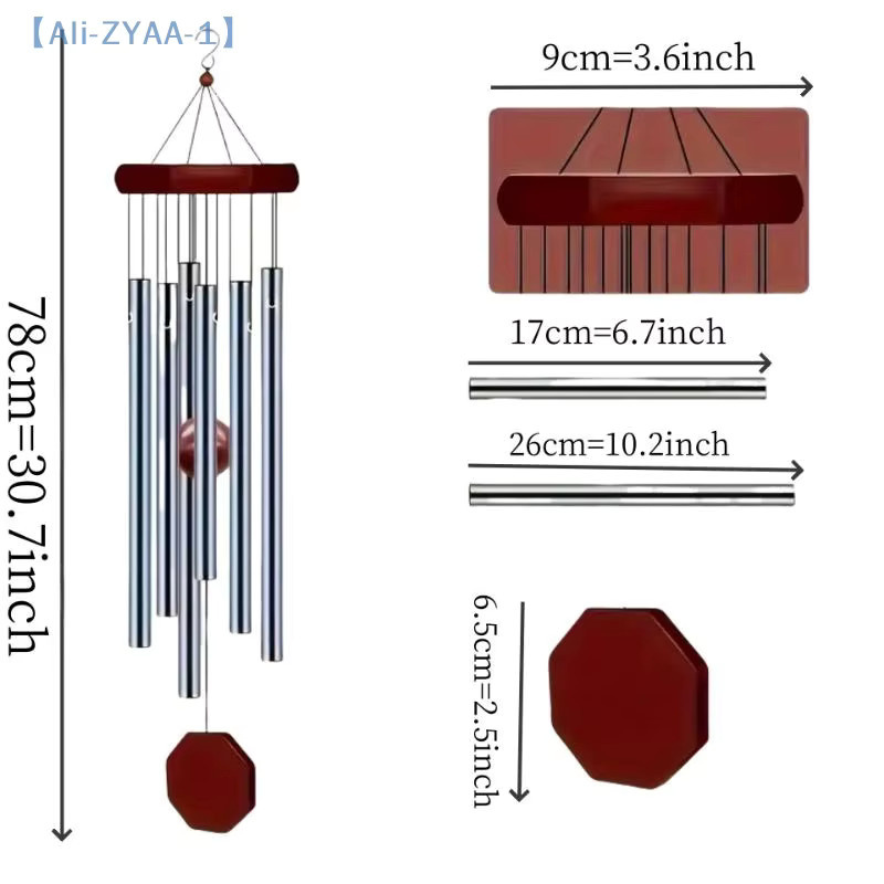 JETTING Retro Windspiel aus rotem Holz und Aluminium mit 6 Metallrohren, achteckiges Design für Balkon und Innenhof - Bild 5