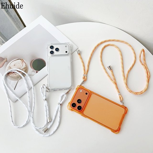 Stoßfeste Crossbody Lanyard Hülle für Apple iPhone 11 bis 17 Pro Max Plus mit Riemen in Transparent und Orange - Bild 1