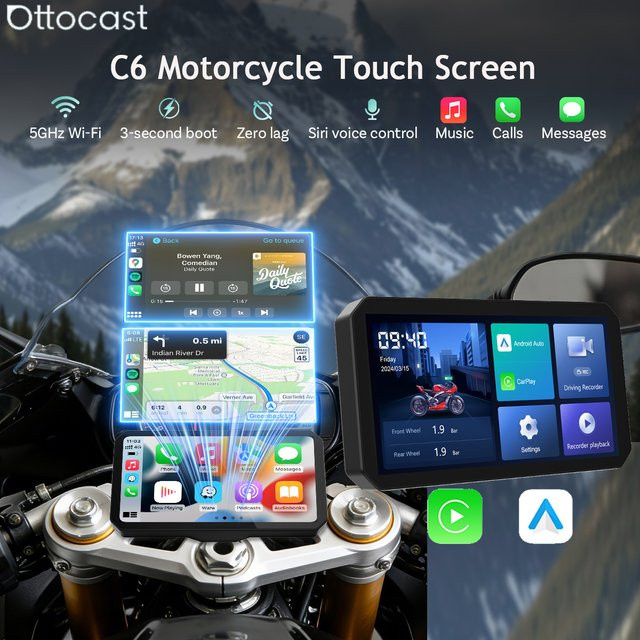 Ottocast C6 Kabelloses CarPlay und Android Auto Motorrad-Display mit DVR und TPMS, 6 Zoll Touchscreen, Schwarz, IP67 Wasserdicht - Bild 1