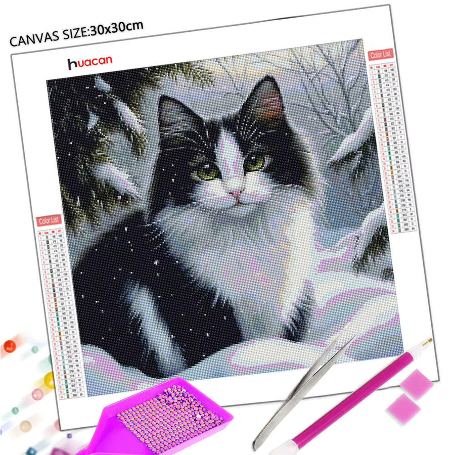 Huacan DIY Diamond Painting Katze in Winterlandschaft mit bunten Strasssteinen, 5D Mosaik Set, B/B/H: 20 x 20 x 20 cm - Bild 2