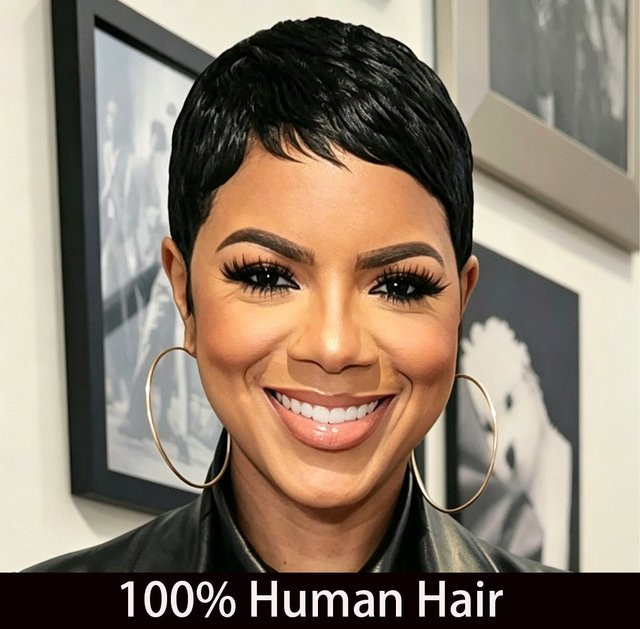 OYM HAIR Pixie-Schnitt-Perücke, Schwarz, Brasilianisches Echthaar, Damen - Bild 1