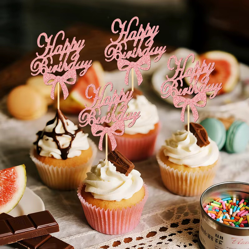 YOMDID 24 Stück Cupcake-Topper mit Schleife und Happy Birthday Schriftzug in Pink für Geburtstag und Hochzeit - Bild 2