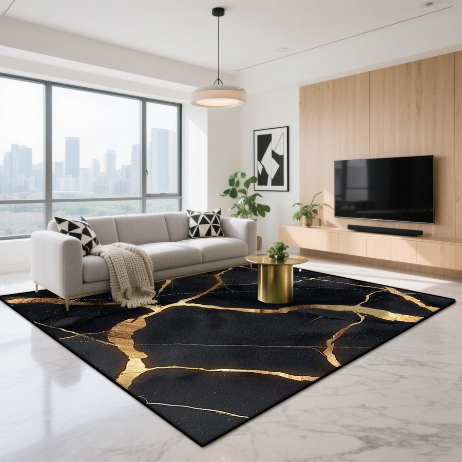 Karpetti Teppich in Schwarz mit Marmor-Design, moderner Kurzflor-Samtteppich aus Polyester für Wohnzimmer und Schlafzimmer, B/T: 90 x 60 cm - Bild 1
