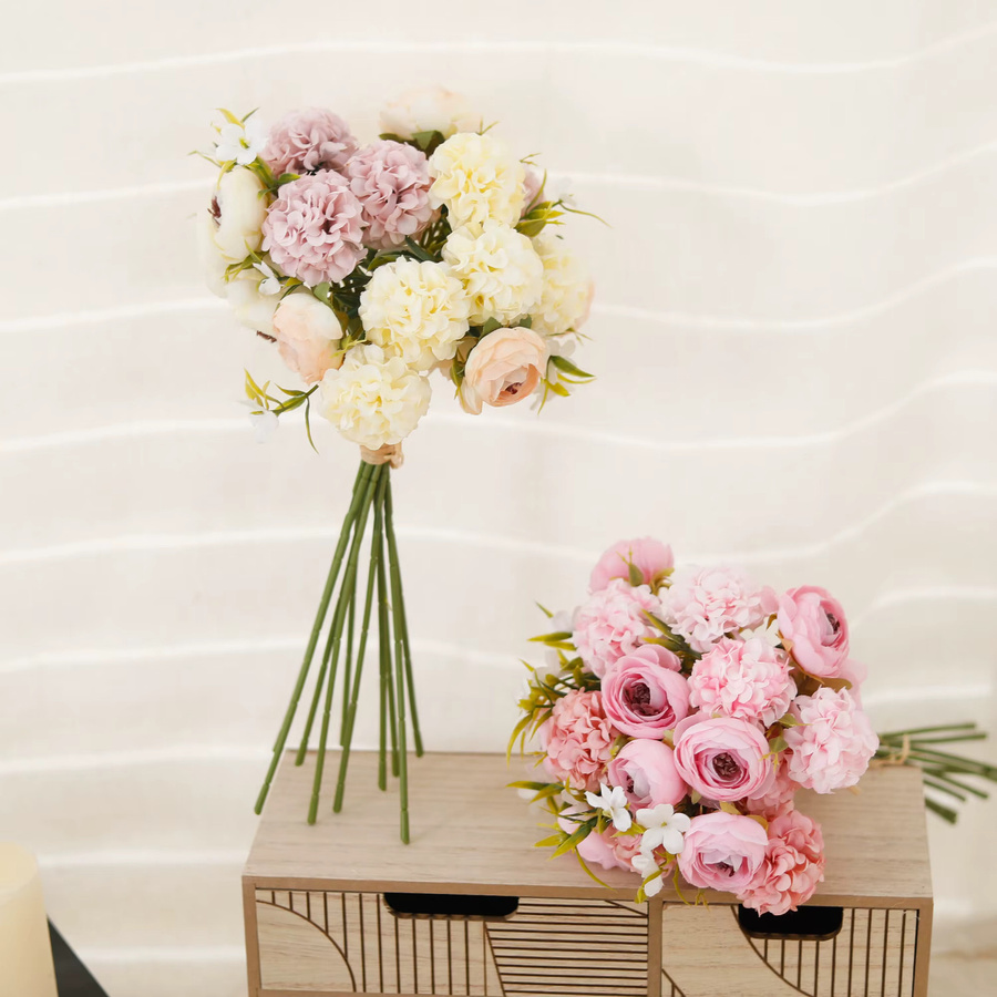 Künstlicher Seidenstrauß Kahaul mit Rosen und Hortensien in Rosa, Weiß und Lila zur Tischdekoration - Bild 1