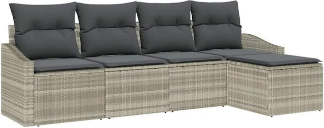 vidaXL Garten-Sofa-Set 5-teilig aus Poly-Rattan in Hellgrau mit Polstern und Fußhocker - Bild 1