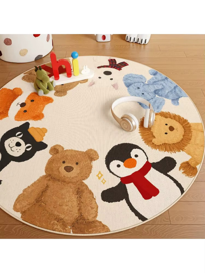 Runder Teppich mit Cartoon-Tier-Motiven in Mehrfarbig für Kinderzimmer und Schlafzimmer, rutschfest - Bild 2