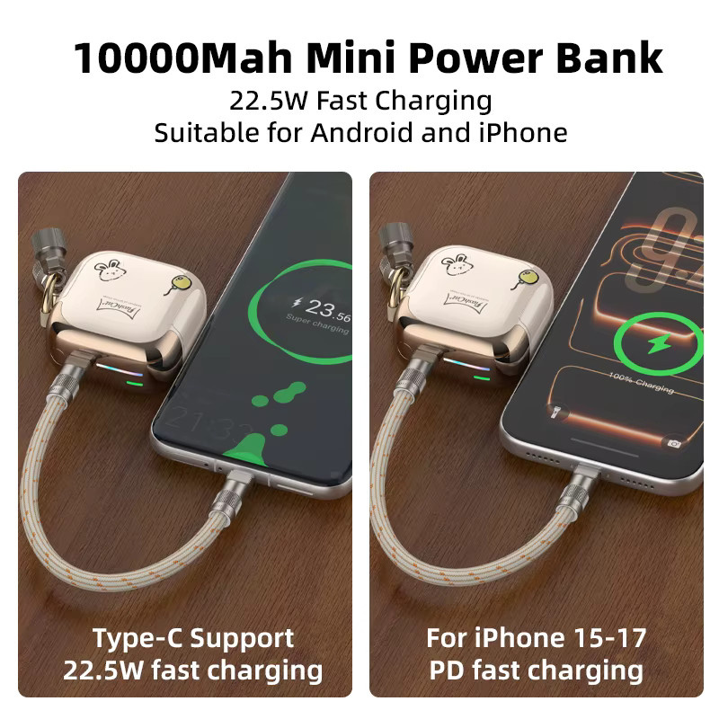 Vyvylabs CCC Mini Powerbank 10000mAh mit 22,5W PD Schnellladung und umschaltbarem Lightning und USB-C Kabel in Weiß - Bild 2