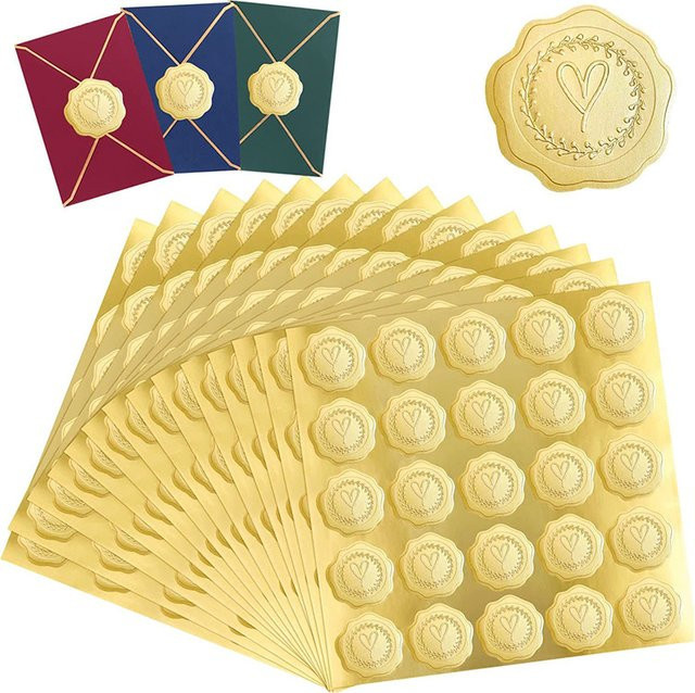 CHENJ Selbstklebende Umschlagaufkleber in Gold mit geprägtem Herz-Siegel für Einladungskarten und Postkarten, 50 Stück - Bild 1