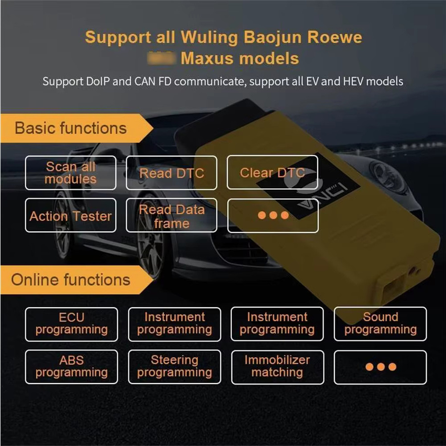VNCI VDI3 Diagnoseschnittstellenscanner in Gelb mit DoIP und CAN FD Unterstützung für SAIC Group Fahrzeuge wie MG, Wuling, Baojun und Datong - Bild 3