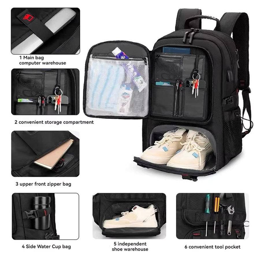 MOZHI Reise-Laptop-Rucksack mit 60L Volumen und USB-C Anschluss, erweiterbarer Business-Rucksack für Herren in Schwarz mit Schuhfach - Bild 2