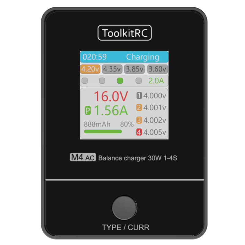 ToolkitRC M4AC Akku-Ladegerät 30W für 1-4S Lipo LiHV mit IPS-Display und XT30/XT60 Schnittstelle in Schwarz - Bild 6
