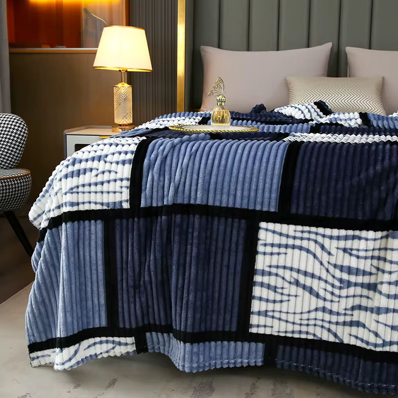 Fei Zhi Tian Flanell-Milchsamt-Decke in Blau mit Karomuster und Kordel-Druck, superweiche Polyester-Bettwäsche für Sofa und Schlafzimmer - Bild 5